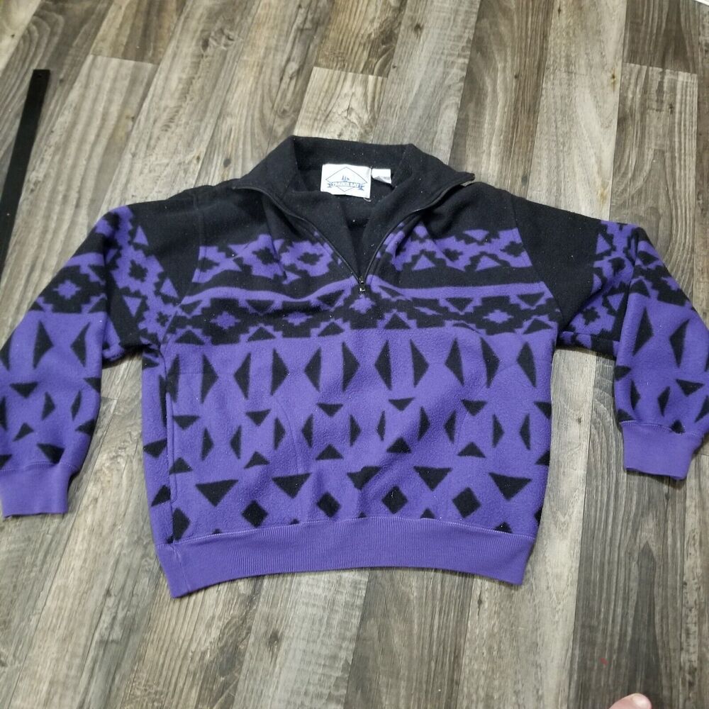Trader Bay Funky Aztec Half Zip Unisex Pullover Medium Fleece Purple Black VTG